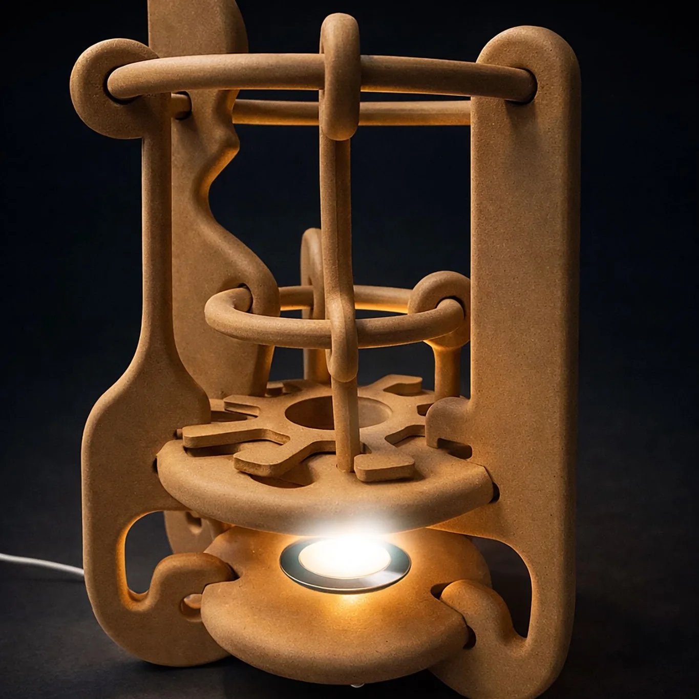 Sculptural wooden lamp with curved forms and lit center