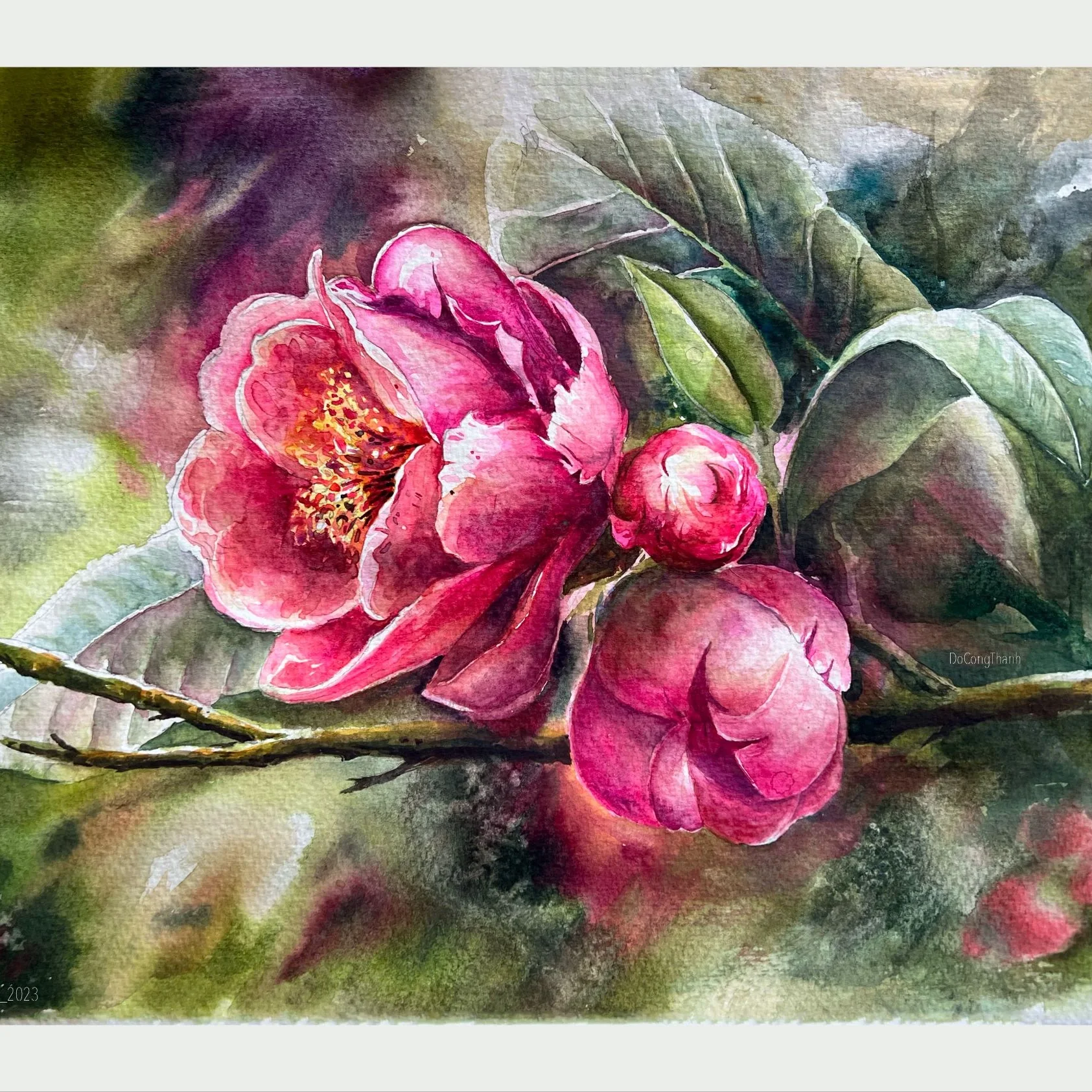 Pink floral watercolor by Thanh Do