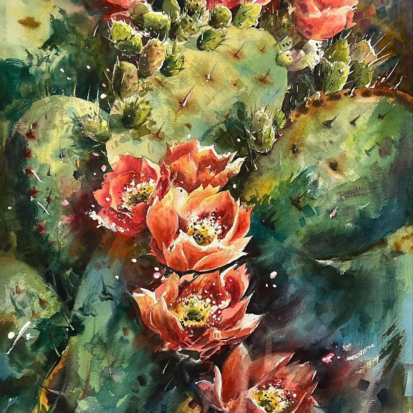 Red orange flowers in lush green watercolor