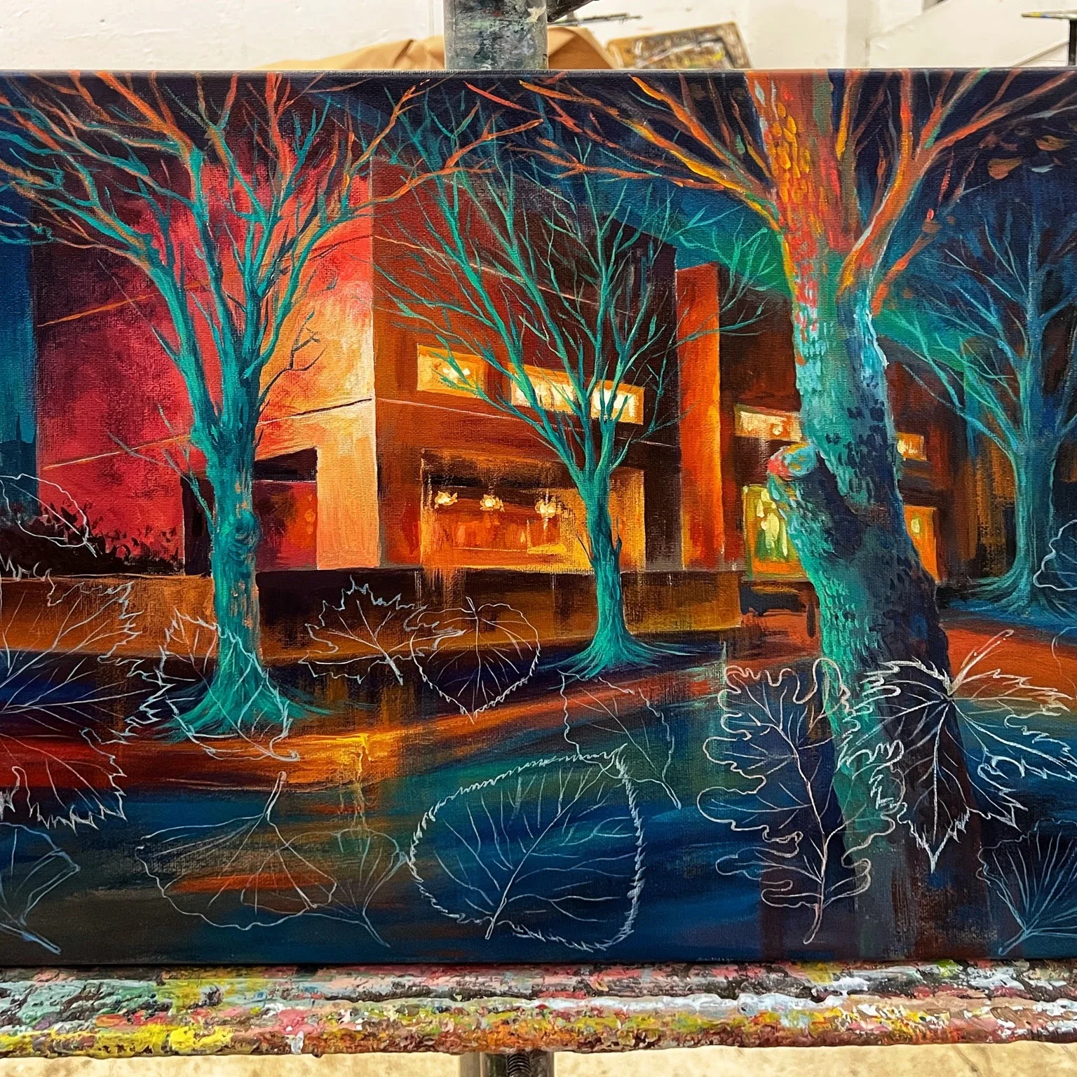 Acrylic painting of bright trees and a glowing building at night