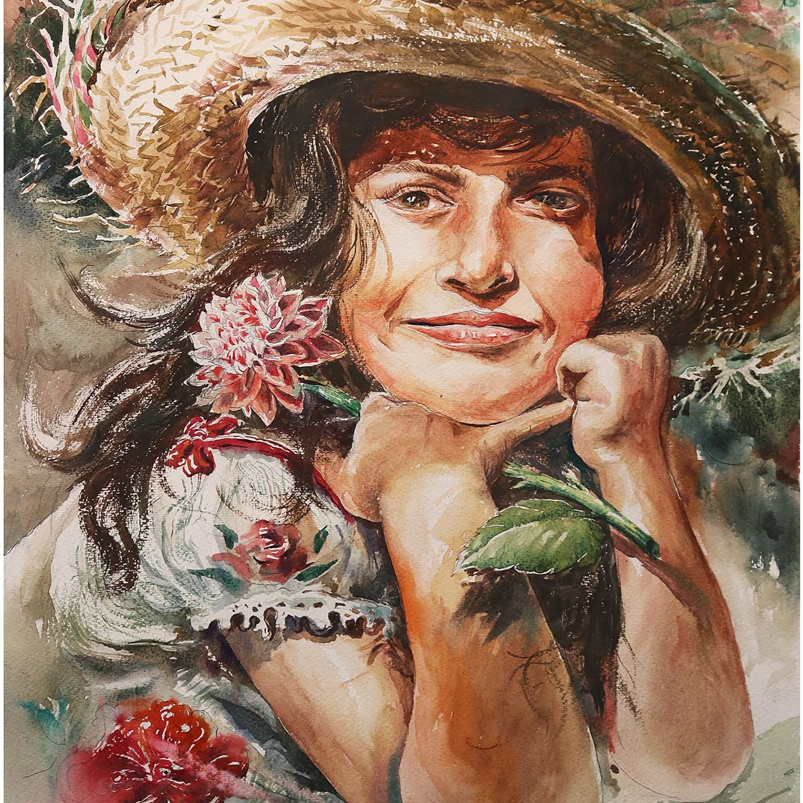Smiling woman in a straw hat surrounded by flowers in watercolor