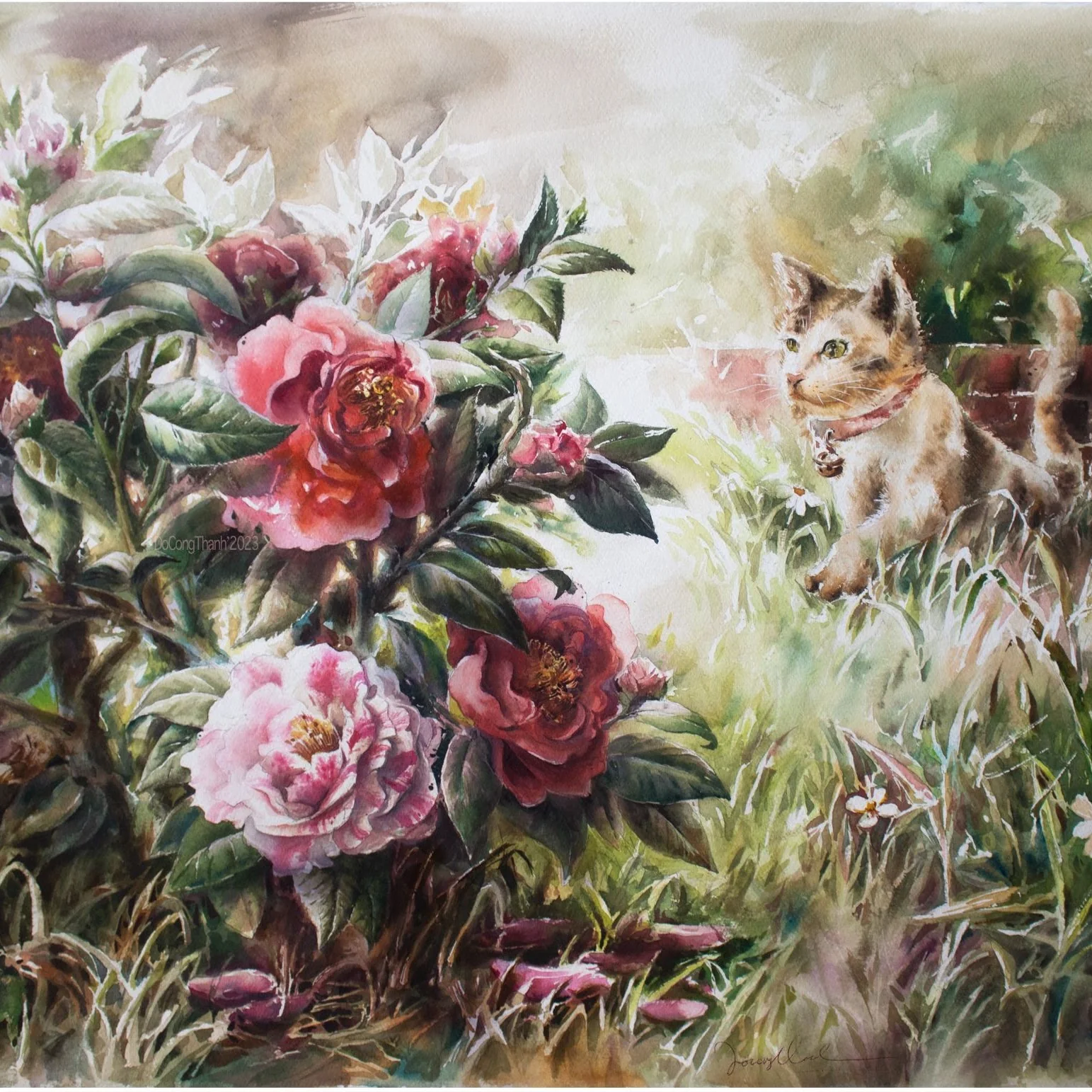 Rose bushes in layered pink and green watercolor